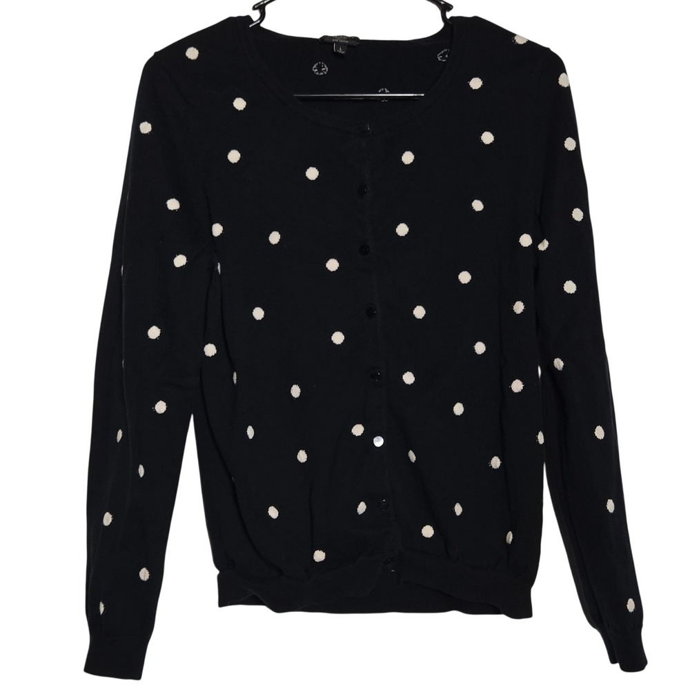 Talbots Womens Black White Polka Dot Pima Cotton Button Cardigan Sweater Large